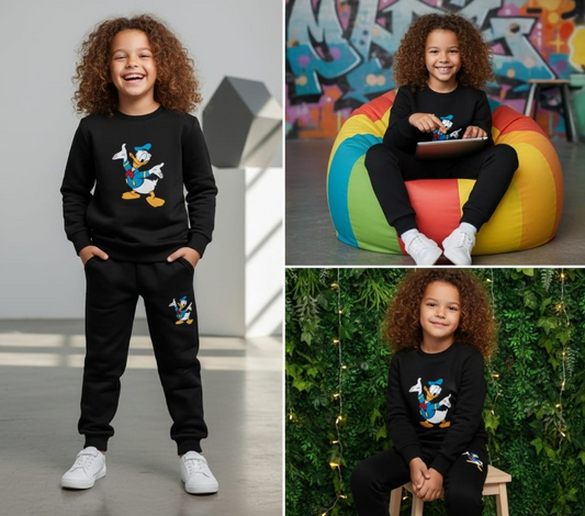 Black Duck Printed Kids Tracksuit | Winter Fleece Sweatshirt & Trouser Set – Warm, Soft & Stylish Garments for Boys & Girls small