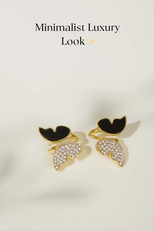Zircon Butterfly Style Earrings for Women – Elegant Golden &amp; Silver Studs with Black Enamel and Sparkling Stones (AWJ-997) - Silver