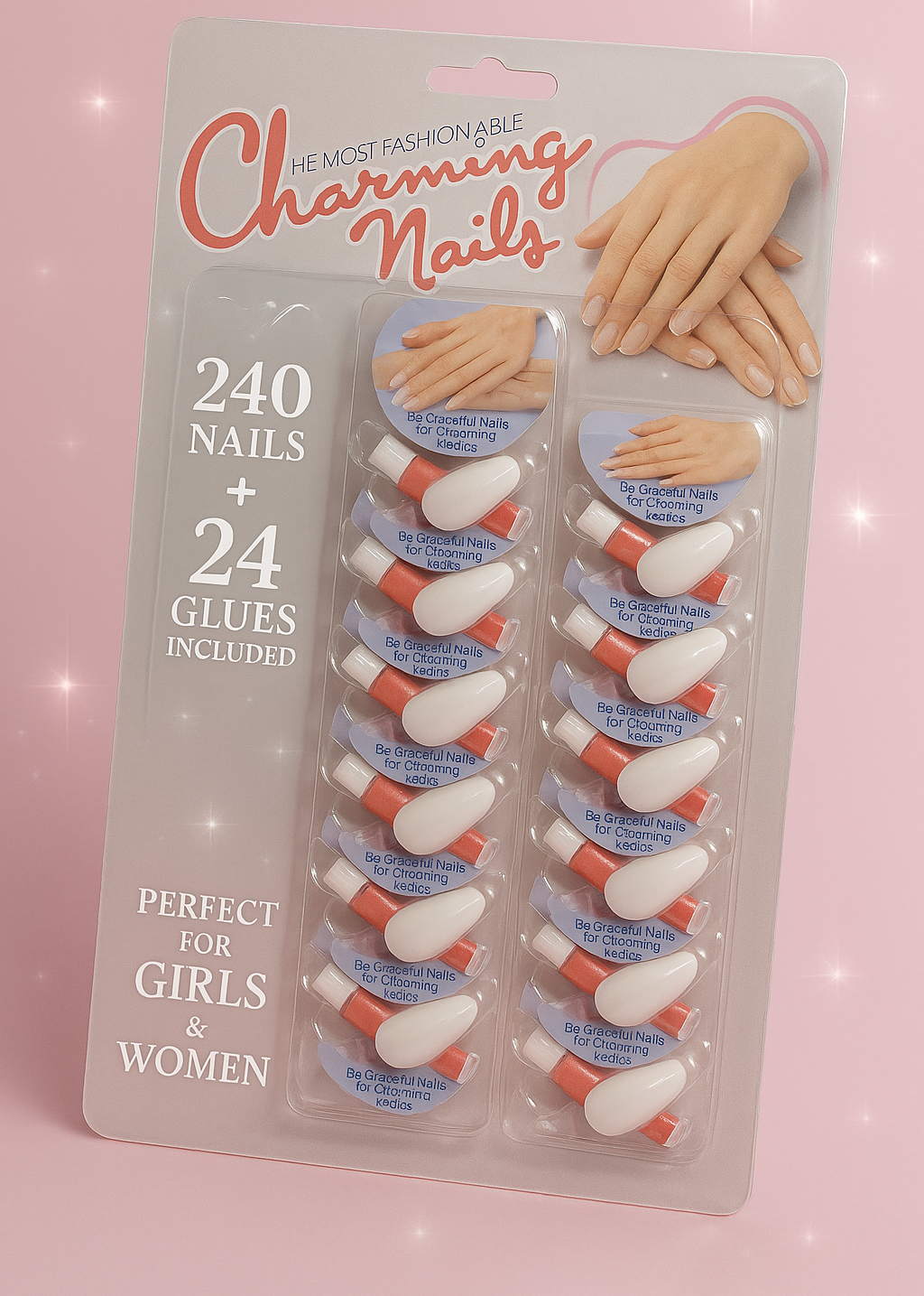 Pack of 24 Charming Artificial Nails with Glue – 240 Nails &amp; 24 Glues Total, Beautiful Nail Extensions for Girls &amp; Women (Random color)