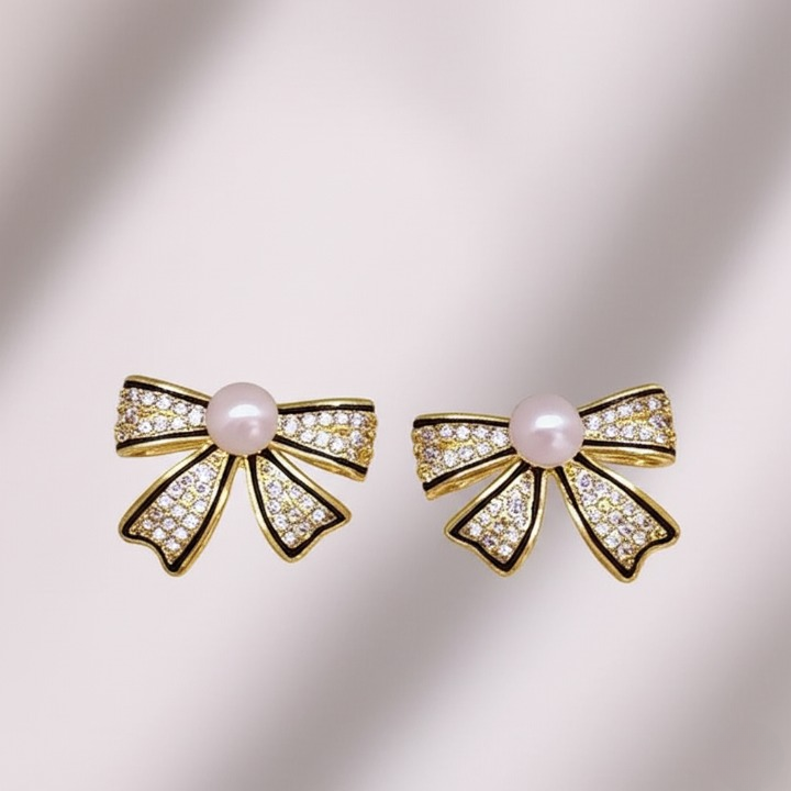 PJT-995 Bow Shape Zircon Pearl Earrings for Women – Korean Style Jewelry with Sparkling Zircon &amp; Classic Pearl Center | Available in Golden &amp; Silver | Perfect Gift for Parties, Weddings &amp; Everyday Fashion - Golden