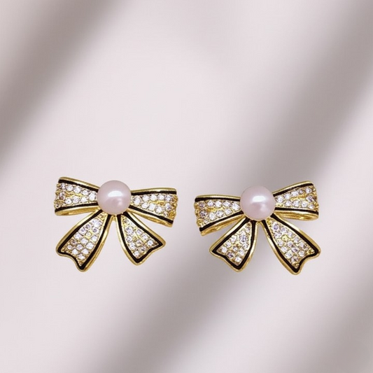 PJT-995 Bow Shape Zircon Pearl Earrings for Women – Korean Style Jewelry with Sparkling Zircon &amp; Classic Pearl Center | Available in Golden &amp; Silver | Perfect Gift for Parties, Weddings &amp; Everyday Fashion - Golden
