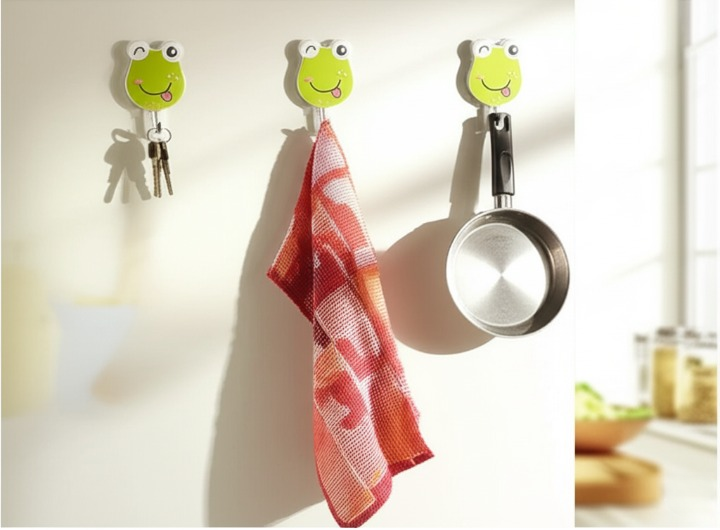 Pack Of 3 Self Adhesive Wall Hooks – Waterproof Cartoon Sticky homes for Home &amp; Kitchen | Heavy Duty Multipurpose Storage Hooks | Easy No-Drill Installation | Strong Adhesive for Glass, Wood, Plastic, Stainless Steel | (Random Color)