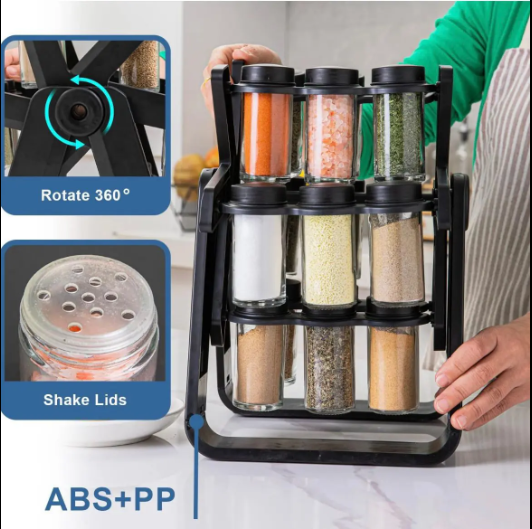 Revolving Rotating Spice Rack Set  With 18 Empty Spice Jars  Kitchen Storage Shelf