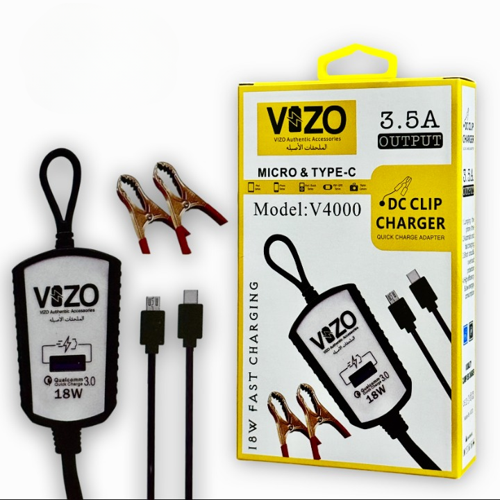 V4000 Dual Cable Clip Charger | Best Quality Type C Charger - 18W Charger - Vizo Charger | DC Clip Charger with Micro &amp; Type-C Cable - 3.5 A