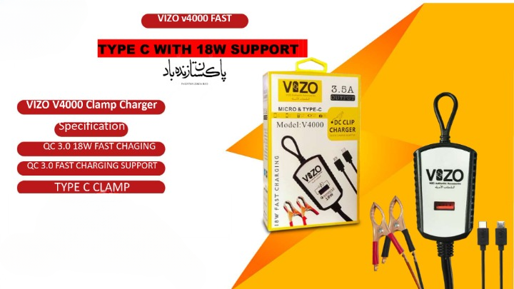 V4000 Dual Cable Clip Charger | Best Quality Type C Charger - 18W Charger - Vizo Charger | DC Clip Charger with Micro &amp; Type-C Cable - 3.5 A