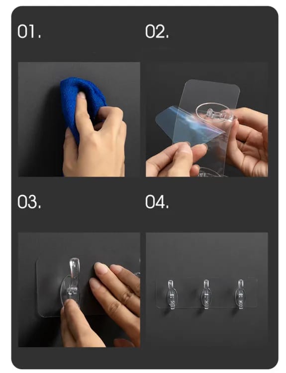 6 Row Transparent Wall Hooks Self Adhesive Clothes Coat Door Hanger Towel Key Holder Bathroom Kitchen Storage Sticker Hook - pack of 1