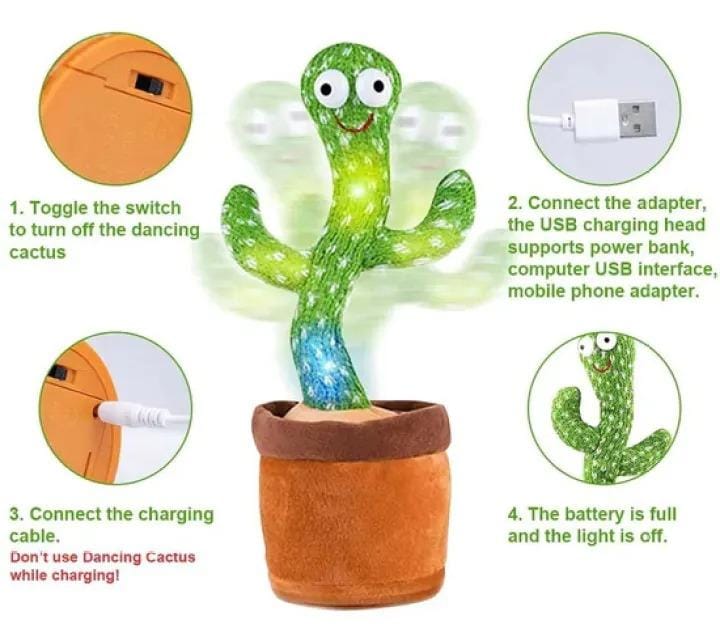 Dancing Cactus Toy – Singing, Talking, Voice Recording Plush with USB Rechargeable Function – Fun Educational Gift for Babies and Kids (Ages 6 Months &amp; Up) - Rechargeable - With Cap