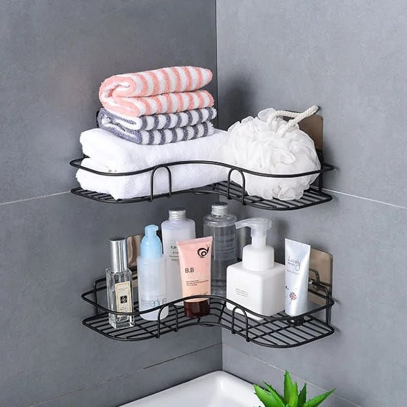Metal Corner Rack For Bathroom &amp; Kitchen | Shelf Organize | Wall Mount Bathroom Accessories (with 2 Hooks included)