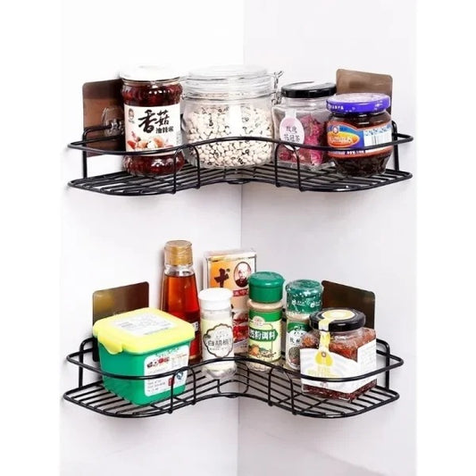 Metal Corner Rack For Bathroom &amp; Kitchen | Shelf Organize | Wall Mount Bathroom Accessories (with 2 Hooks included)
