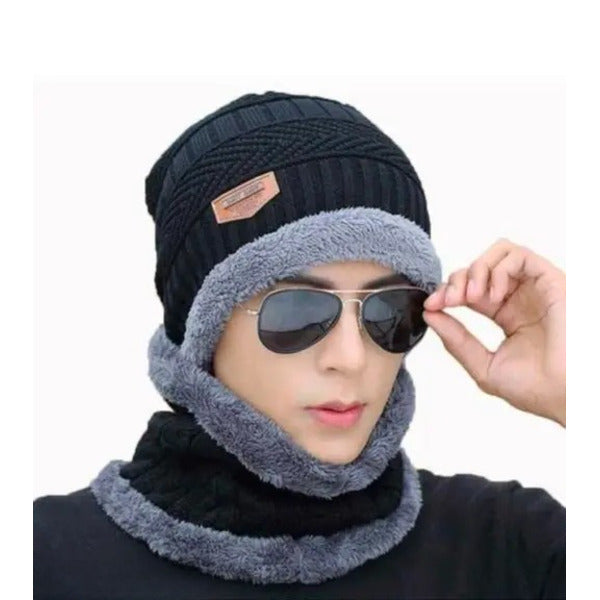 Head &amp; Neck Cap Beanies Combo - woolen winter beanie cap with neck warmer muffler for men and women (Black)
