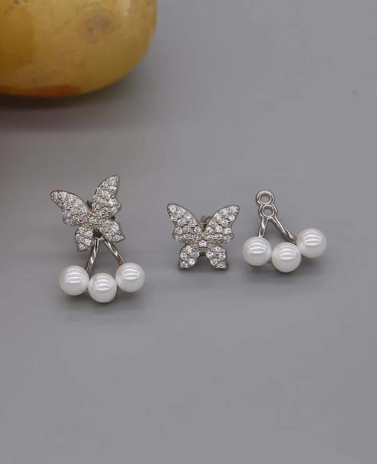 Butterfly Pearl Korean  Earrings For Girls - silver