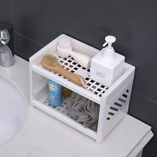 Desktop Double-Layer Plastic Storage Holder Rack Cosmetic Box Kitchen Bathroom Desk Shelf Organizer Office Supplies Stationery (Random Color)