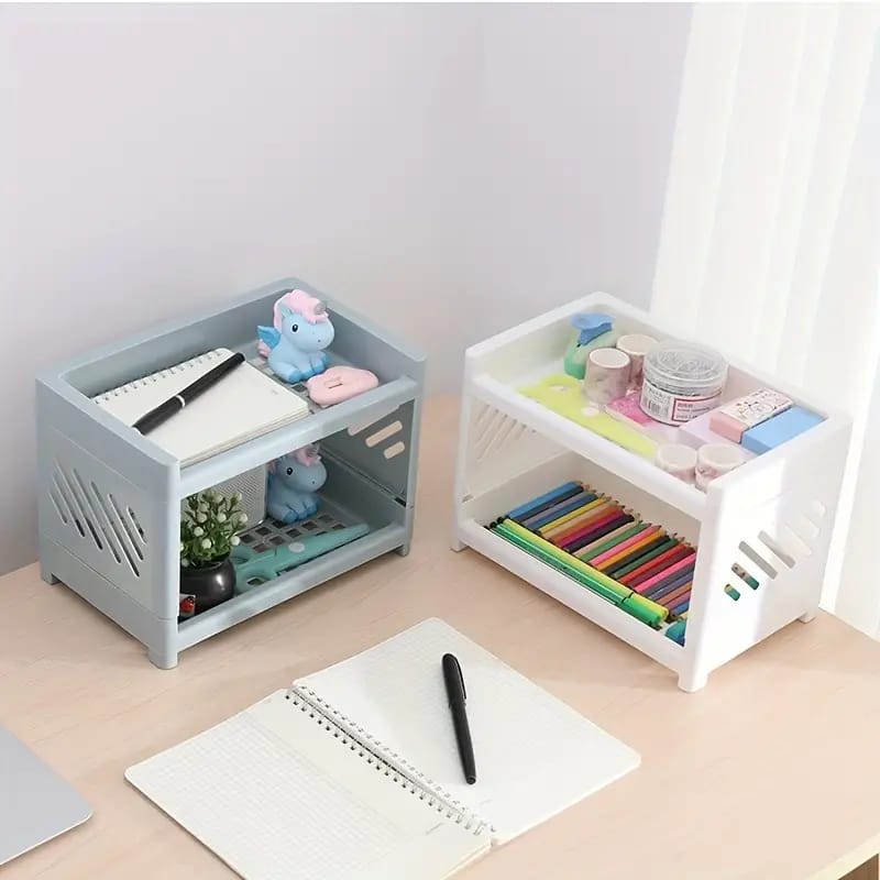 Desktop Double-Layer Plastic Storage Holder Rack Cosmetic Box Kitchen Bathroom Desk Shelf Organizer Office Supplies Stationery (Random Color)