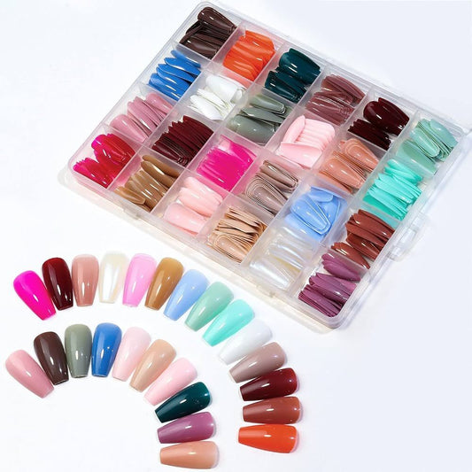 576 Pcs Reusable Fake Nails with Box – Beautiful Variety of Colors | Best Fake Nails For Girls ( Random Color Nails ) - With Glue