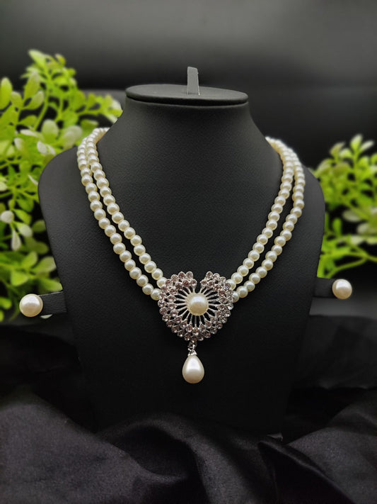 Imported Exquisite Double-Strand Pearl Necklace with Radiant Heart Pendant | Girls &amp; Women Fashion