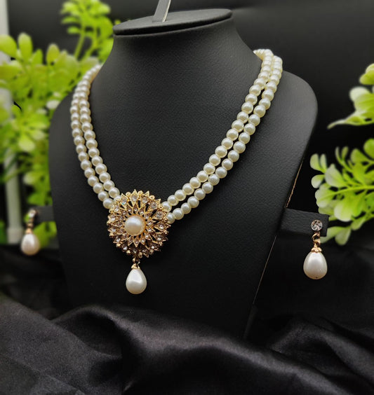 Imported Radiant Double-Layered Pearl Necklace with Golden Sunburst Pendant | Girls &amp; Women Fashion