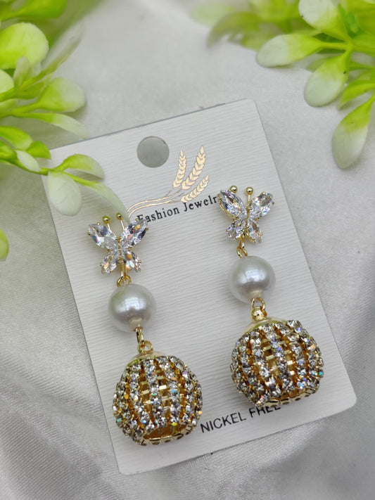 Import Elegant Butterfly Pearl Drop Earrings with Crystal Sphere Charm