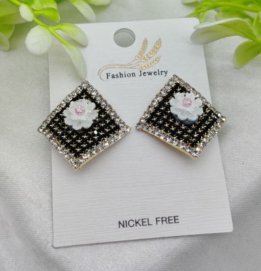 Imported Elegant Floral Stud Earrings with Rhinestone Border – Nickel Free | Girls Earrings | Women Earrings | Jewellery