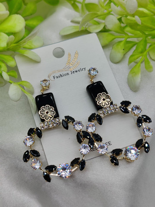 Imported Elegant Floral Hoop Earrings with Black and Crystal Accents | Best Quality Earrings For Girls &amp; Women | Luxury Look Earrings