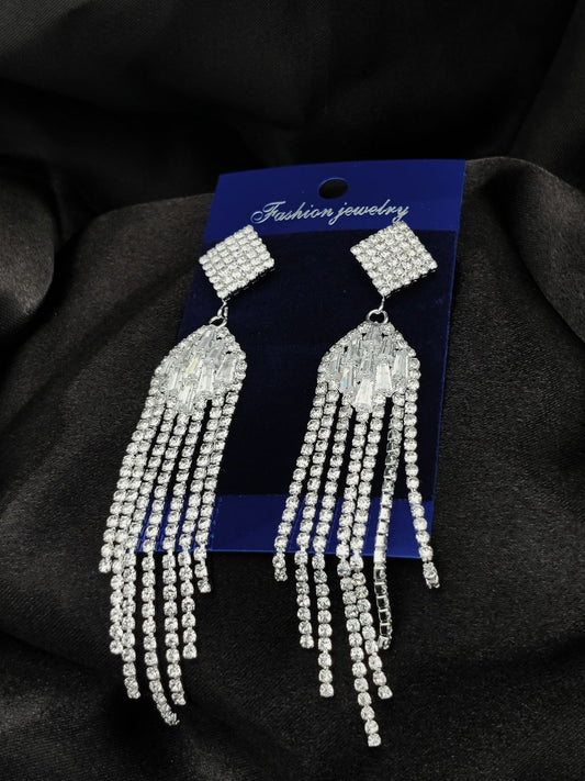 Imported Earrings In Multiple Design | Tarnish-Free Diamond-Shape, Heart Fringe, Long Heart Fringe, Radiant, Diamond Cascade Design Earrings| Luxury Look Artificial Earrings | Girls Earrings | Women Earrings ( Silver ) - Diamond Shape