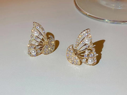 Korean Zircon And Pearl Butterfly front back earrings | Luxury Look Artificial Earrings | Girls Earrings | Women Earrings - Golden