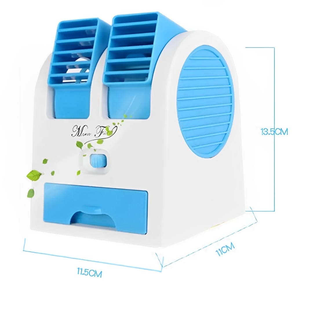 Portable Mini AC Air Cooler – USB &amp; Battery Operated | Dual Blower with Ice Tray | Blade-less Cooling Fan for Home, Shop, Kitchen, Table &amp; Outdoor Use