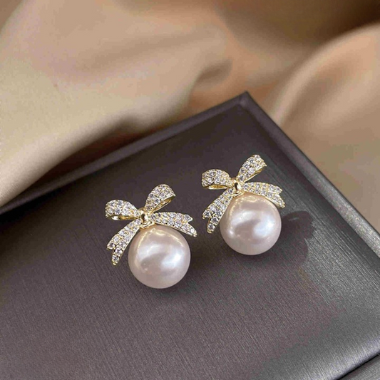 Bow sparkle diamond pearl stud earrings /  Pearl Earrings Women's Earrings for Gift - Golden
