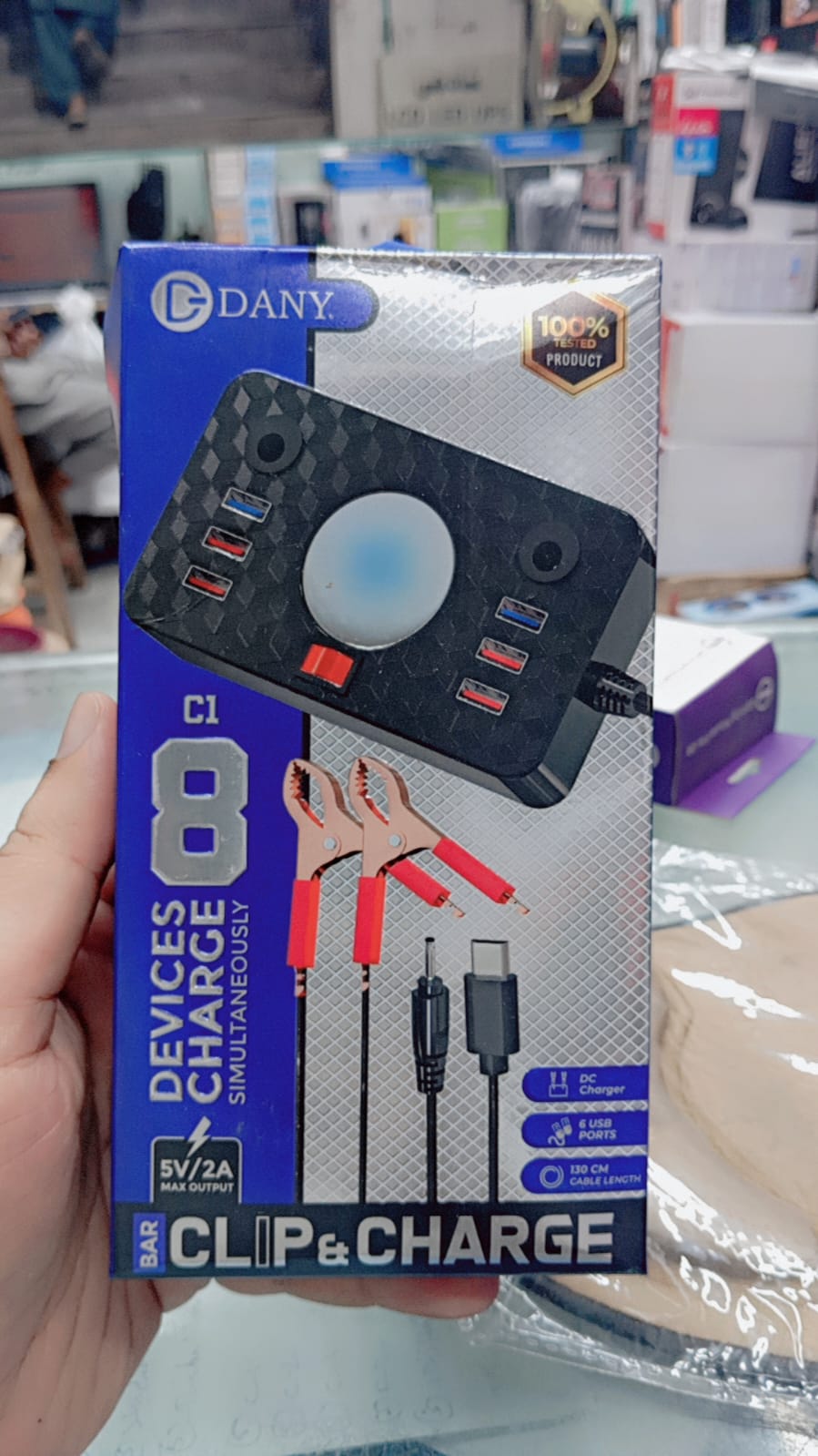 Dany C-1 Clipper Charger | 6 USB Ports | LED Light | DC Solar Mobile Charger | USB Battery Clamp | Power Cable | Short Circuit &amp; Overload Protection - DC Mobile Charger - Original