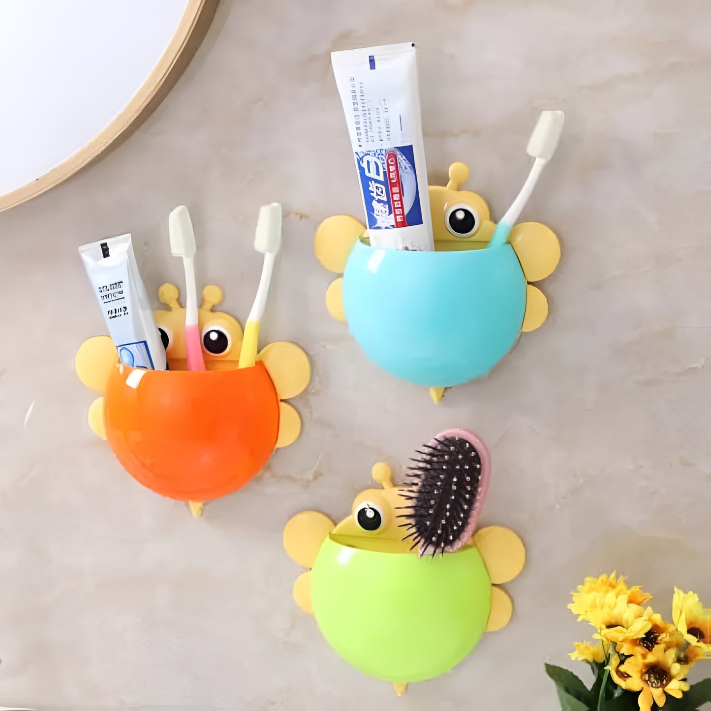 Bee Shaped Plastic Toothbrush Holder with Suction Hook – Cute Wall Mounted Toothbrush Stand for Kids &amp; Travel (Random Colors)