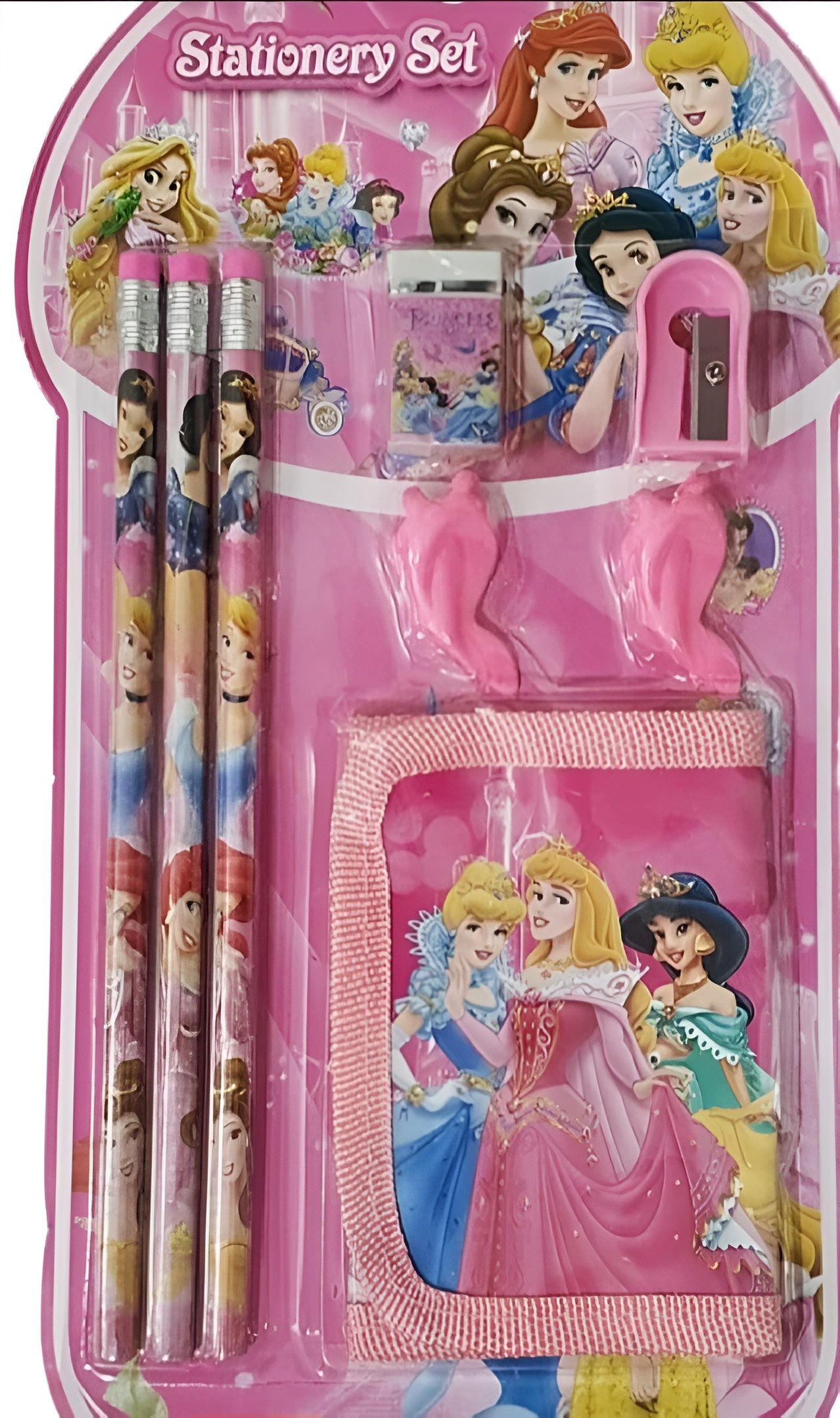 8 Pcs Disney Stationery Gift Set for Kids – Includes Pencils, Eraser, Sharpener, Pencil Caps &amp; Wallet (Random Character)