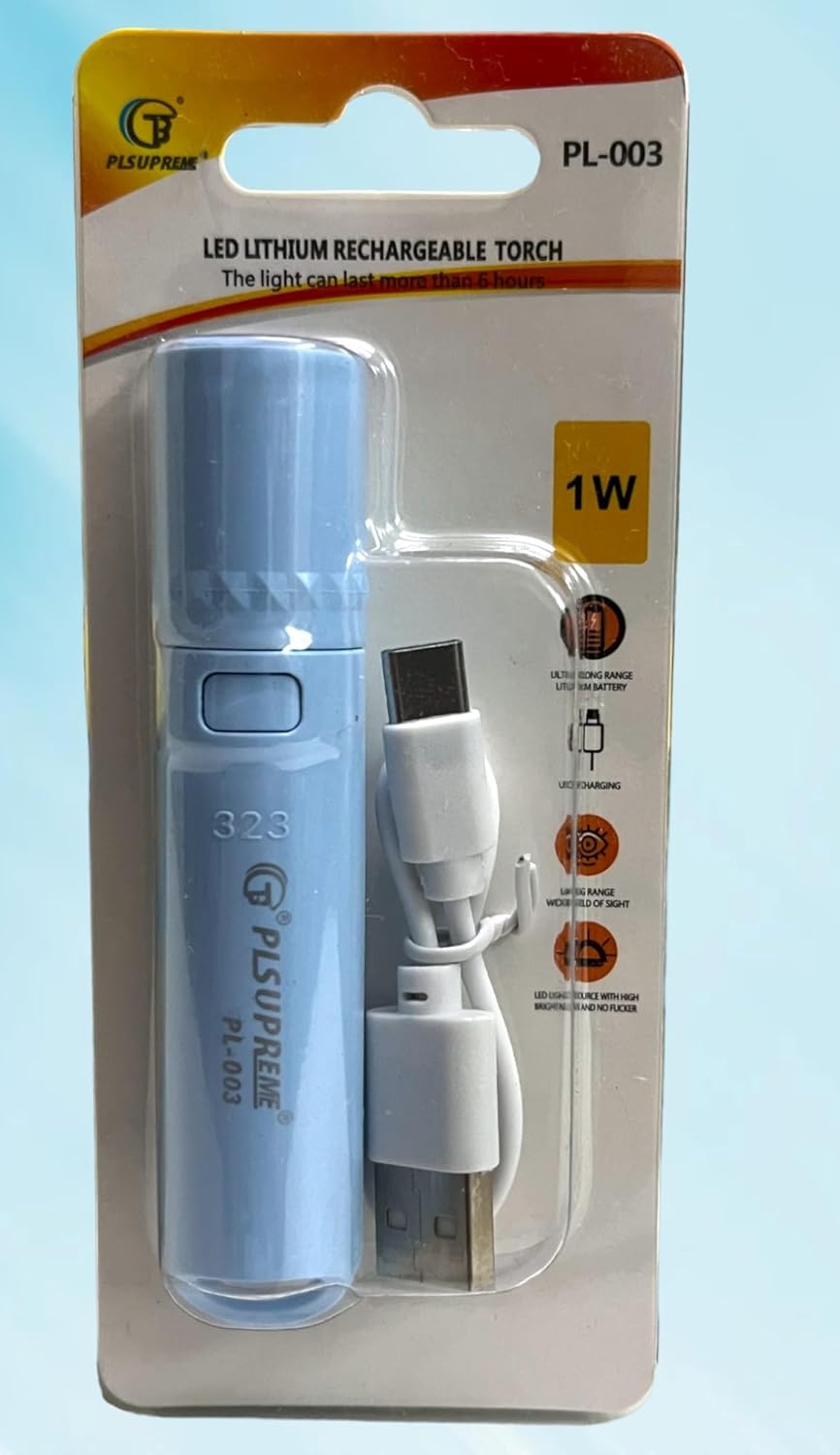 Pl 003 Long Range LED Rechargeable Torch Light – 1000 Lumens, 3 Modes, 500m Beam Distance, 1400mAh Battery with USB Cable, Durable Outdoor Flashlight