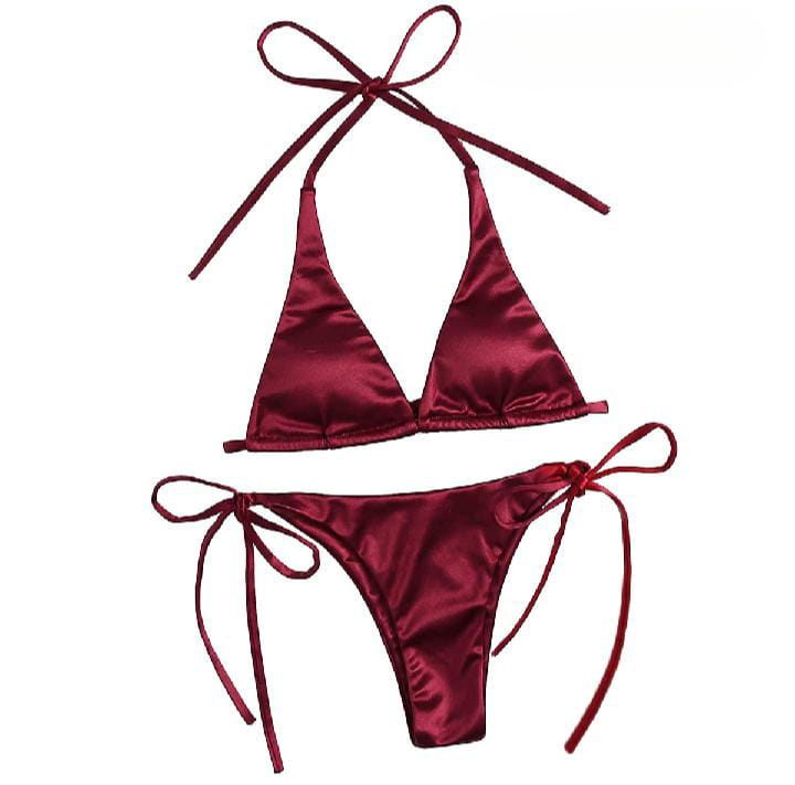 Women’s Bikini Set – Halter Neck Triangle Top & Adjustable Side-Tie Bottom | Stylish Swimwear for Beach & Pool (Maroon)