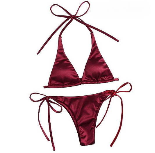 Women’s Bikini Set – Halter Neck Triangle Top & Adjustable Side-Tie Bottom | Stylish Swimwear for Beach & Pool (Maroon)