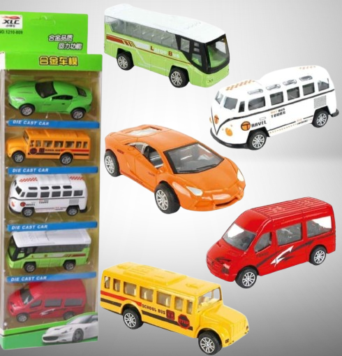5-Piece Die Cast Metal Car and Bus Set – 1:64 Scale City Vehicle Collection for Kids – Pull Back &amp; Release – Durable Metal &amp; Plastic Construction – Educational Toy for Ages 3+