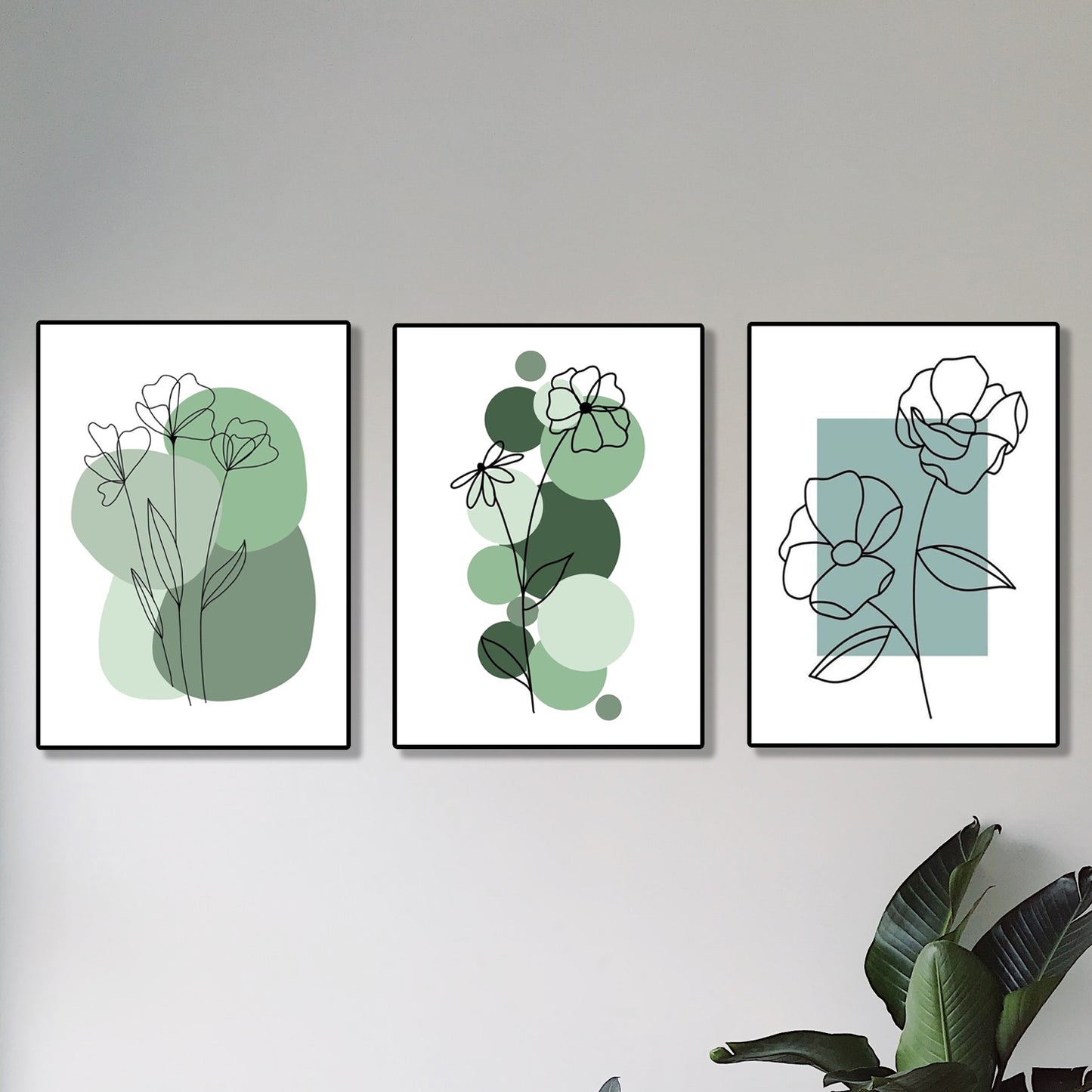set of 3 abstract plant art wooden canvas frames for wall decore / sticky phototiles for home and office