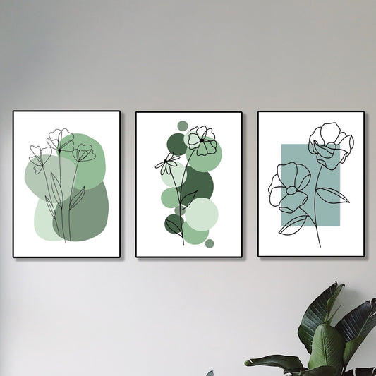 set of 3 abstract plant art wooden canvas frames for wall decore / sticky phototiles for home and office