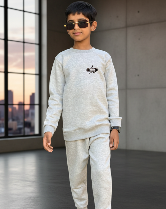 Grey Printed Fleece Winter Kids Tracksuit | Warm Sweatshirt & Trouser Set for Boys & Girls – Soft, Cozy & Stylish Outfit small