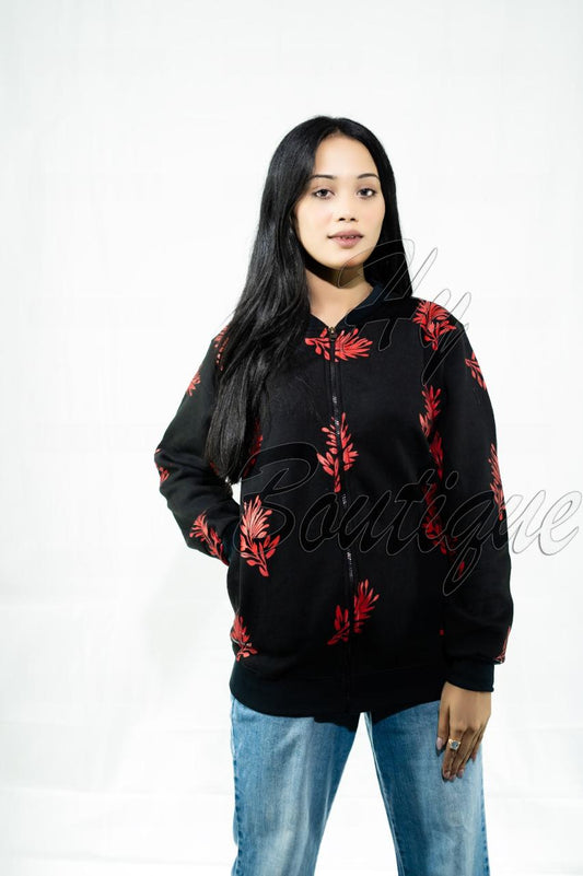 Winter Collection Women’s Red Leaf Print Jacket | Stylish & Warm Outerwear | Trendy Winter Fashion for Ladies medium