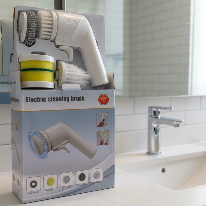 Electric Cleaning Brush With Multiple Attachments For Efficient Home Cleaning – 360° Rotating Scrubber With Sponge, Brush, And Steel Wool Heads