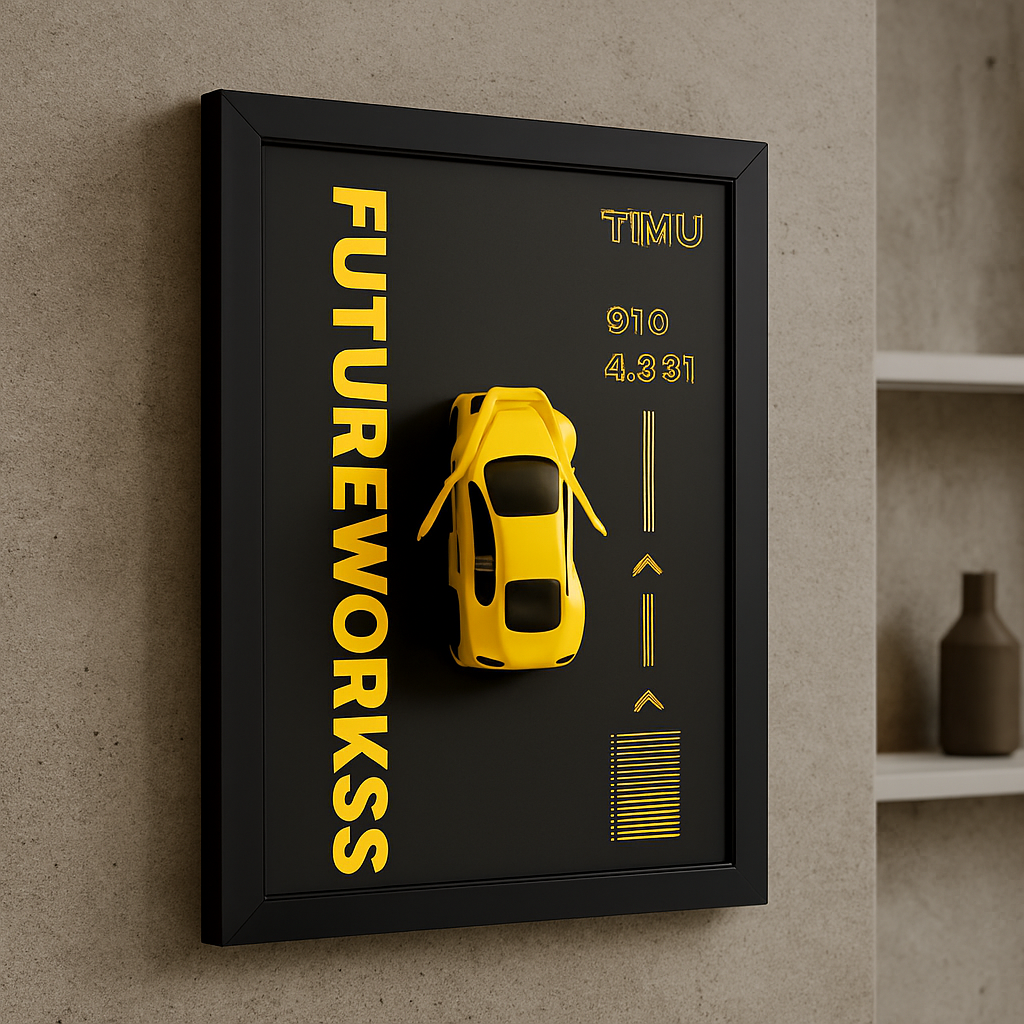 Metal Car Wall Frame – 3D Yellow Sports Car Decorative Wall Art, Modern Black Frame, Stylish Home & Office Wall Decor (8 x 12 Inches)