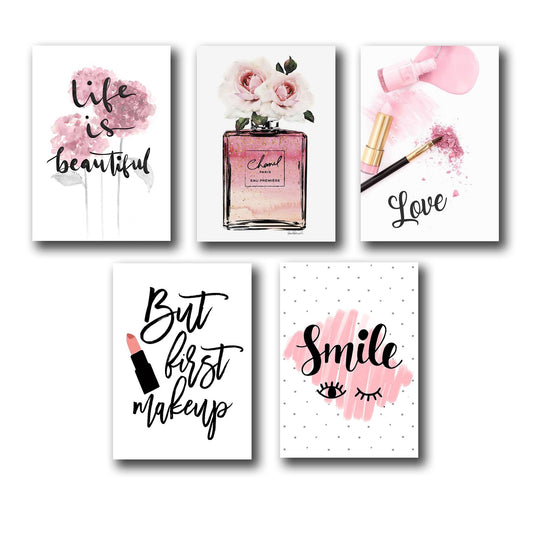 set of 5 make up themed girls room decor wall art wooden sticky Phototile frames (8 x 11 inches)