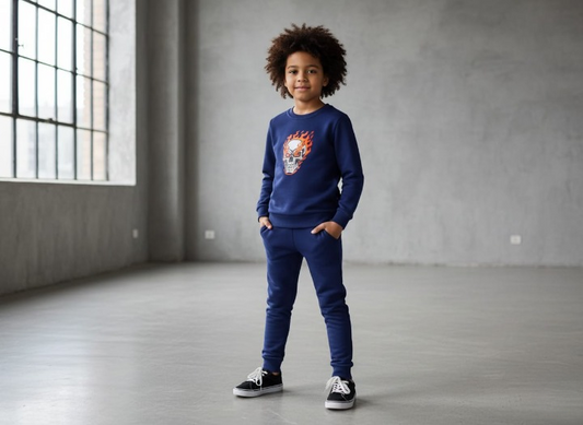 Kids Navy Blue Ghost Skull Printed Tracksuit Set | Winter Fleece Sweatshirt & Trouser Outfit for Boys & Girls – Warm, Trendy & Cool small