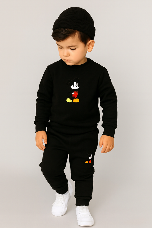 Black Mickey Mouse Printed Kids Tracksuit | Winter Fleece Sweatshirt & Trouser Set for Boys & Girls – Warm & Stylish Outfit small