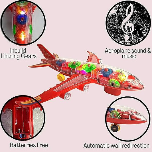 New Trending Transparent Gear Plane Toy – Light Mode, Music, Bump-and-Go Action, 45×46 cm, Battery Operated, for Kids Ages 3 and Up