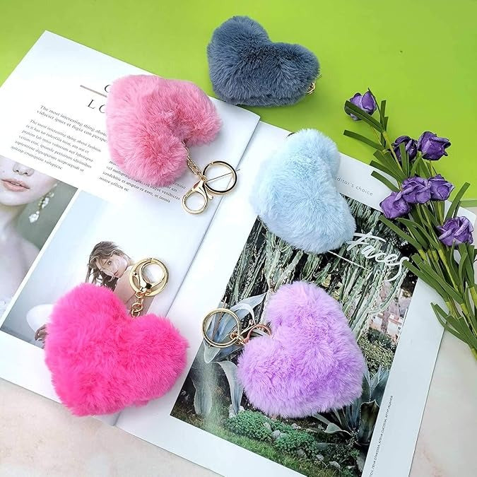 01 PCs Heart Fluffy Fur Ball Pom Pom Keychain – Keychains For Girls - Key-Chain For Bags - Keychain For Pouch - Heart Keychain | Random Color