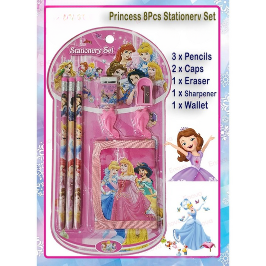 8 Pcs Disney Stationery Gift Set for Kids – Includes Pencils, Eraser, Sharpener, Pencil Caps &amp; Wallet (Random Character)