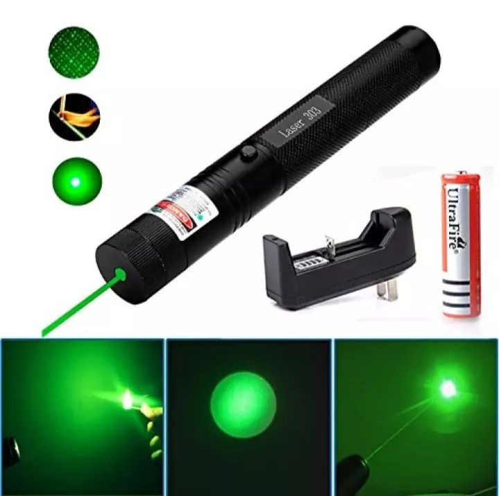 Special Edition High-Power 303 Green Laser Pointer with Adjustable Focus, 8 Designs &amp; Shapes, 5km Range – Rechargeable Battery, Charger &amp; Safety Lock
