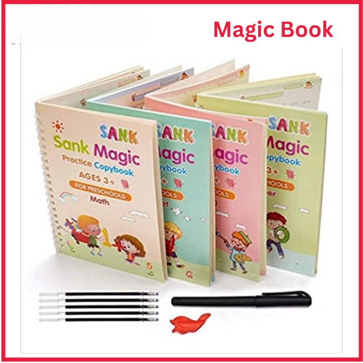 Set of 4 Sank Magic Learning Book with Magic Pen &amp; 5 refills, Practice book For Montessori children Tracing Handwriting