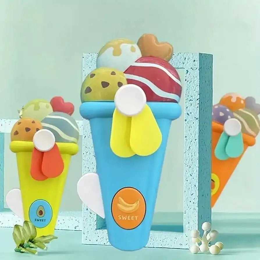 Handheld Ice Cream Cone Toy Fan for Kids – Cute Cartoon Design, Safe Soft Blades, Portable Mini Fan for Summer Play &amp; Cooling (Random Color)