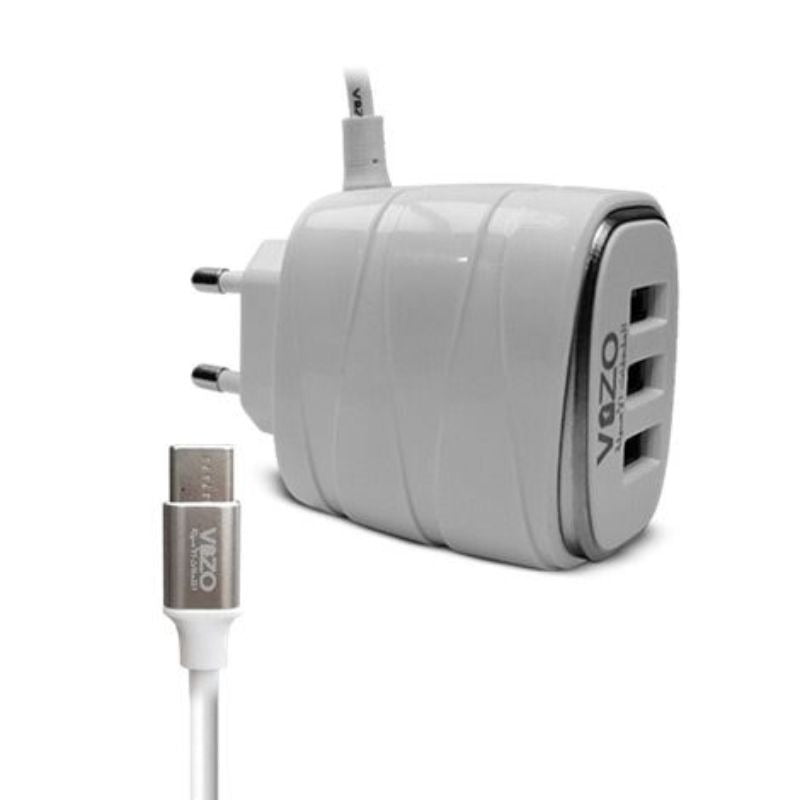 Vizo V16-Type-C – 4A Smart Fast Charger (3 USB Ports + Built-in Type-C Cable) | Best Quality Type-C Charger For Android - Mobile Phone Charger - Android Charger